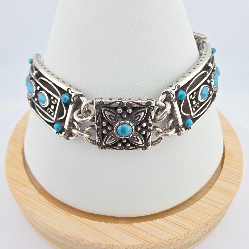 BRIGHTON Carnival Link Bracelet Blue Turquoise Enamel Scroll Silver Plate 7.75"